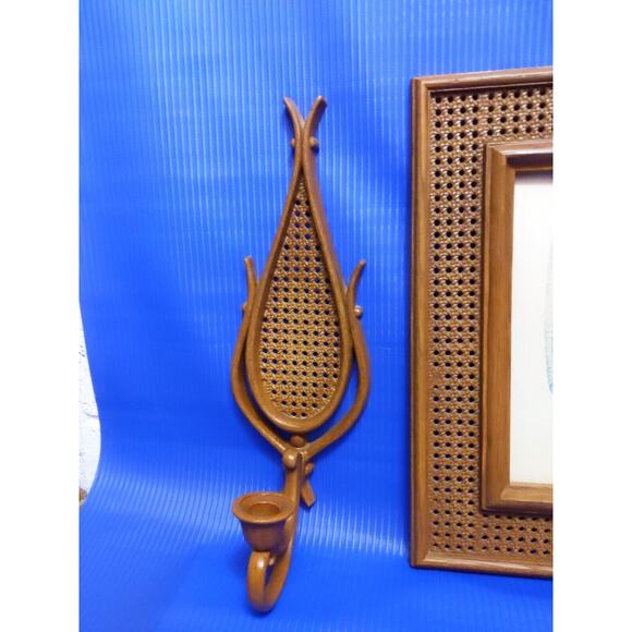 vtg 80s 1981 HOMCO Faux Rattan Wicker Picture Frame & Sconce Set 3282 4226 - Picture 5 of 12